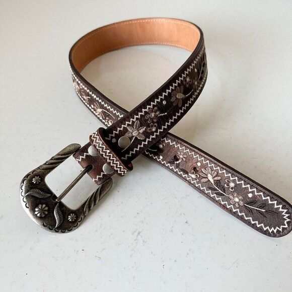 NEW Lane Boots LANDRUM Western Belt M Embroidered Brown Leather Southwest Cowboy - Picture 2 of 11